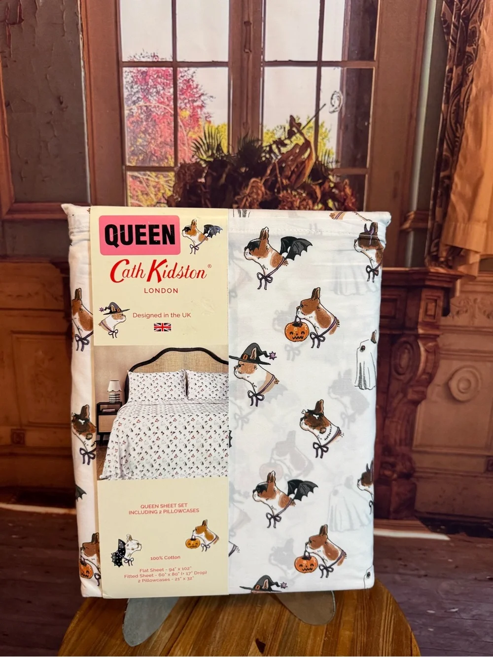 Cath Kidston Queen Sheet Set with Halloween Puppy Dog Cotton NWT Summerween